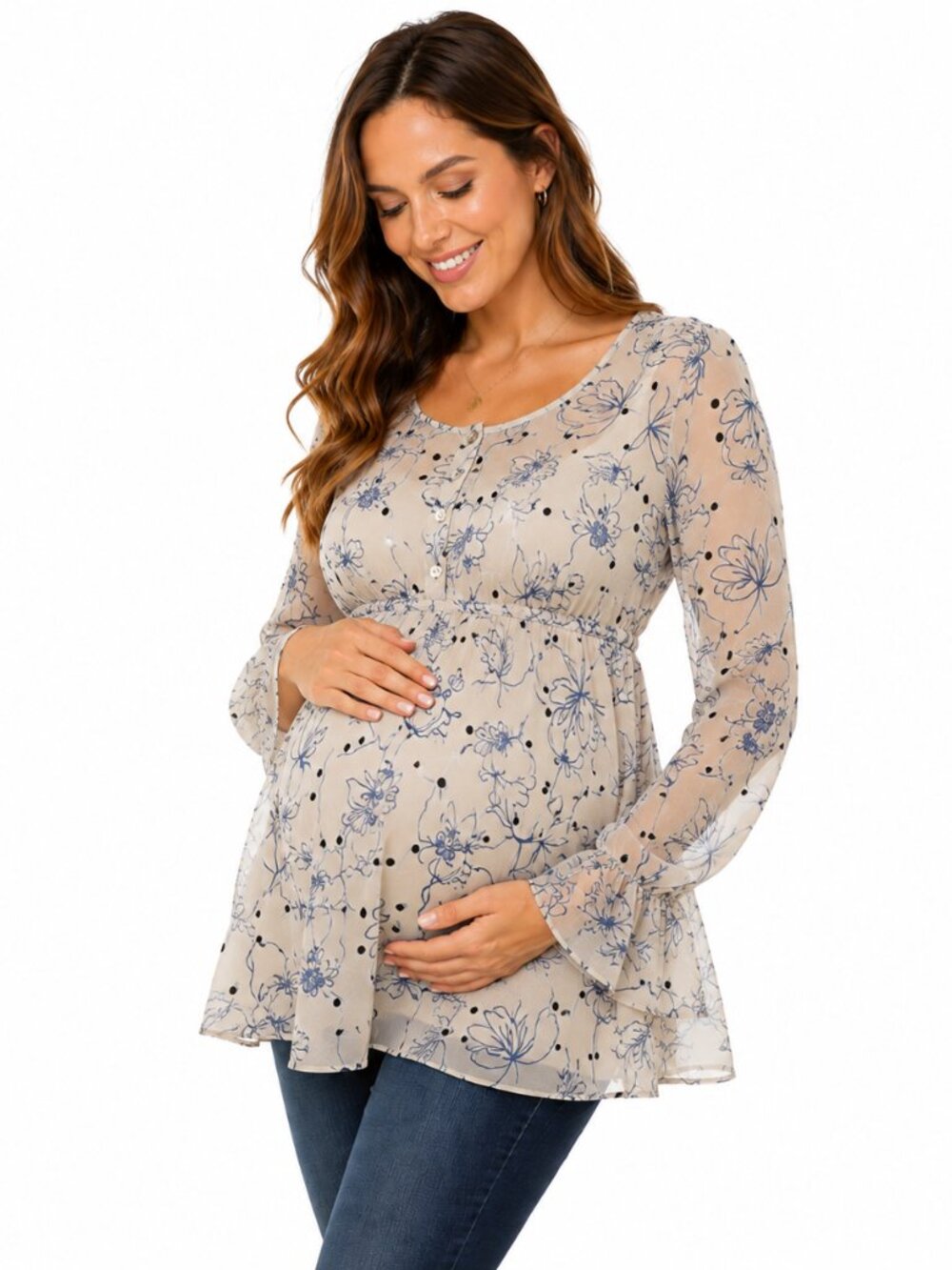 2/$30 Motherhood Maternity Cream Blue Floral Sheer Blouse Button Pregnancy Top L